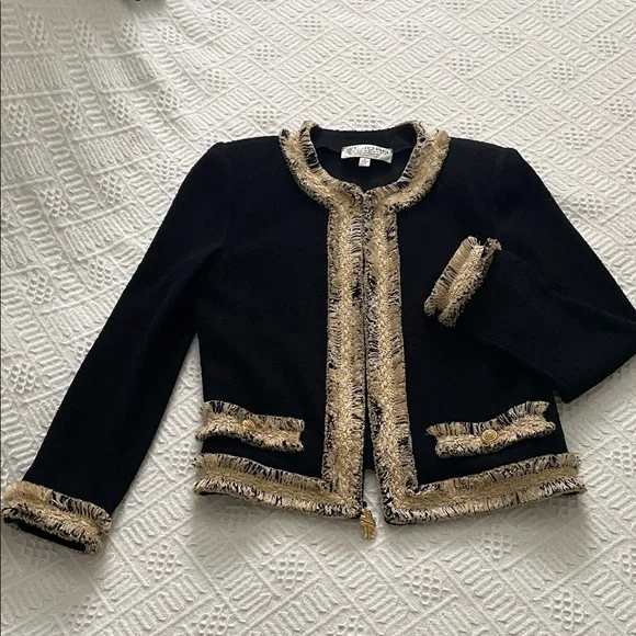 St. John Tweed Knit Jacket Gold Black - Picture 12 of 16